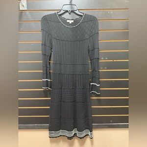 Shoshanna Black Knit Long Sleeve Midi Dress with White Trim – Size Small